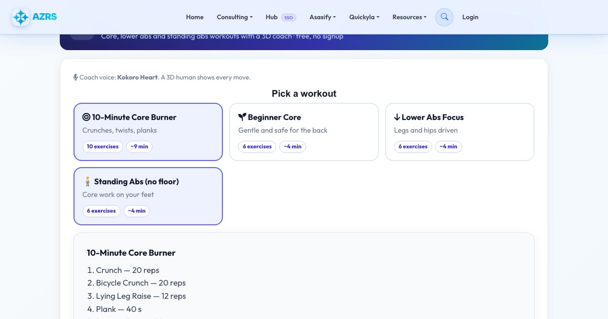 Screenshot of the free 10-Minute Abs Workout (Voice Guided) tool on AZRS QuickFix