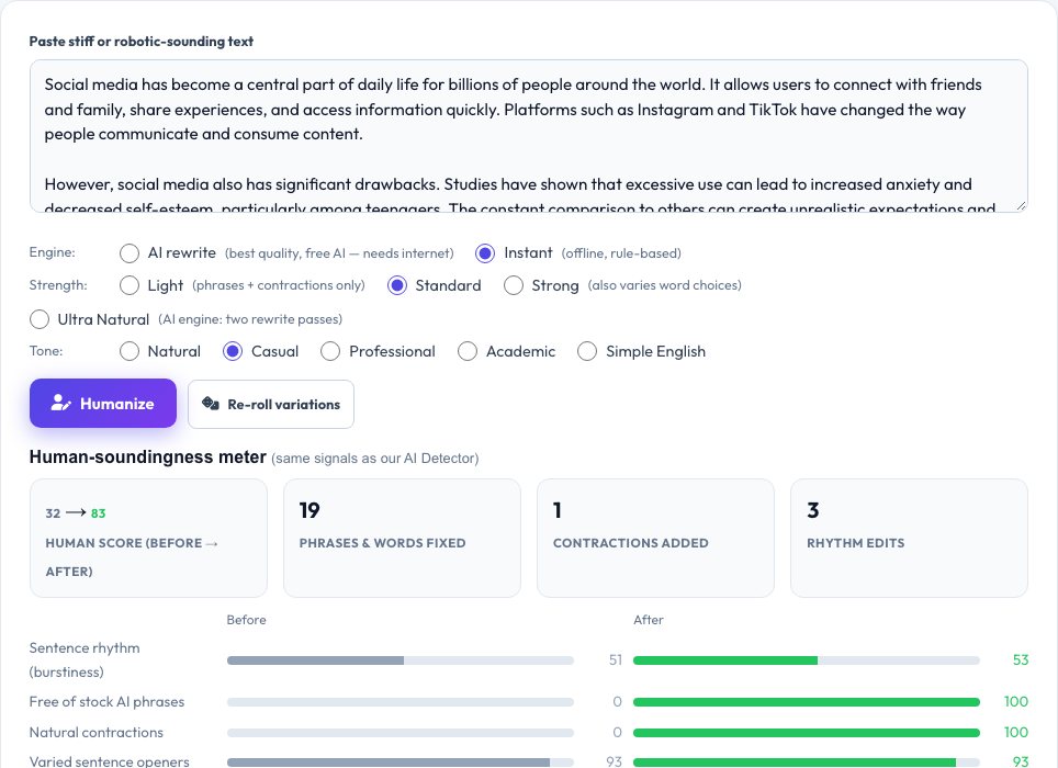 Step 1 — starting AI Humanizer on AZRS QuickFix