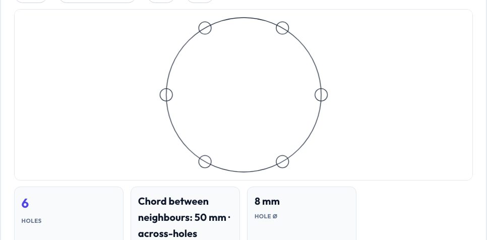 Screenshot of the free Bolt Circle & Hole Pattern Coordinate Generator tool on AZRS QuickFix