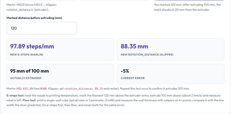 Screenshot of the free Extruder E-Steps, Rotation Distance & Flow Rate Calibration Calculator tool on AZRS QuickFix