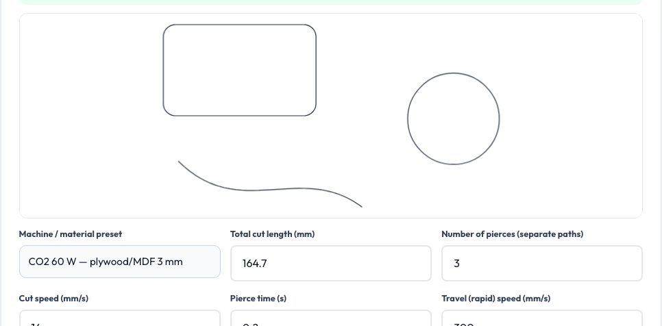 Screenshot of the free Laser Cutting Cost & Time Estimator (SVG/DXF) tool on AZRS QuickFix