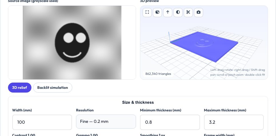 Screenshot of the free Lithophane Generator — Photo to 3D Printable STL tool on AZRS QuickFix